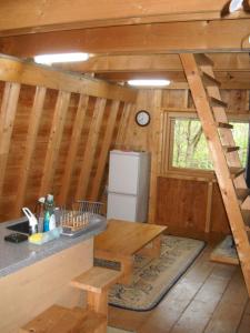 二世古二世古白熊山林小屋的小屋内的厨房配有柜台和冰箱