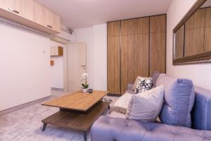 维索科Apartment FiVe Visoko的客厅配有蓝色的沙发和木桌