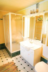 格明德Fallerhaus的带淋浴、盥洗盆和卫生间的浴室