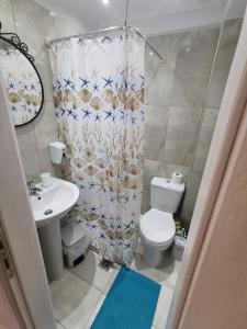卡尼奥提Orange_Blue_Аpartment N2 near sea的浴室设有卫生间水槽和淋浴帘