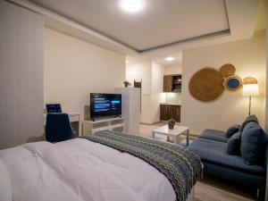 安曼46 Serviced Apartments的一间卧室配有一张床、一张沙发和一台电视。