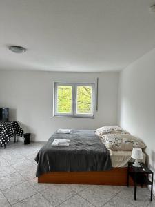 美因河畔法兰克福Pension Seckbach的一间卧室设有一张床和一个窗口