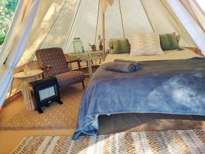 斯韦伦丹Gaia Double bell tent的一间卧室配有一张床铺,帐篷内提供一把椅子