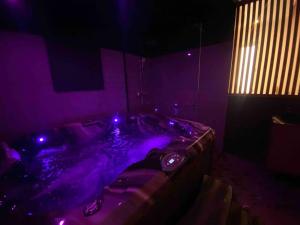 波尔多La Litchi Le 50 Suites and Spa centre ville的暗室配有紫色灯浴缸