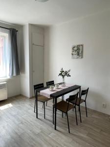俄斯特拉发Apartmán Fifejdy, Ostrava, centrum的一间用餐室,配有黑色的桌子和椅子