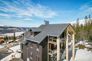 奥勒Åre's best family home的雪中带金属屋顶的家