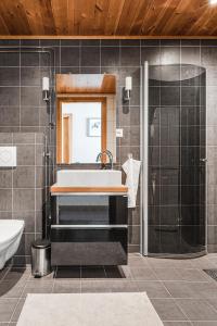 奥勒Åre's best family home的一间带水槽和淋浴的浴室