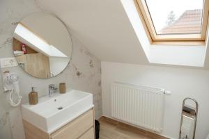 PrejmerGuest House Zanoaga的浴室设有白色水槽和镜子