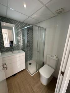 马德里Alojamiento Aguacate的带淋浴、卫生间和盥洗盆的浴室