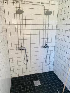 GunsjögårdenFristad Hostel Vitsand的浴室里设有3个软管淋浴