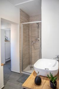 拜罗伊特Stilvolles Apartment in Bayreuther Fußgängerzone的带淋浴和白色盥洗盆的浴室