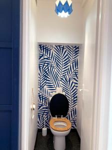 基伯龙Studio du vieux port的浴室配有蓝色和白色的墙壁和卫生间。