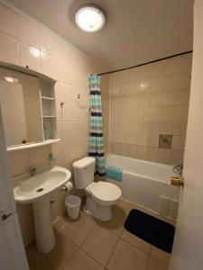 蒙特港Cabañas del Puerto的浴室配有盥洗盆、卫生间和浴缸。