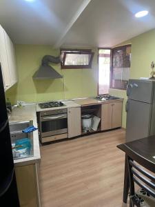 都拉斯Top view hostel的厨房配有炉灶和冰箱。