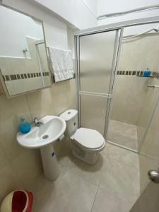 图卢阿Hotel Monaco的浴室配有卫生间、盥洗盆和淋浴。