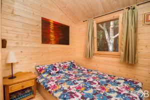 姆拉哥沃Mazurskisen的小木屋内的一张床位,设有窗户
