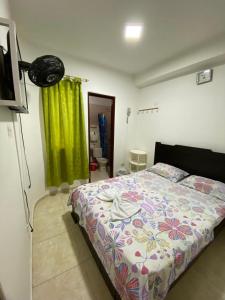 图卢阿Hotel Lina Maria的一间卧室配有床和绿帘
