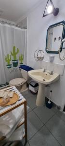 圣地亚哥ICCE HOTEL的一间带水槽、卫生间和镜子的浴室