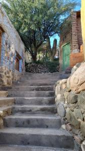阿迈查德尔瓦勒Pacha Cuty Hostel的大楼前方有一套石头楼梯,有一道绿色的门