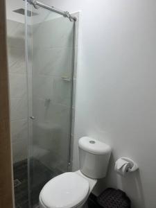 麦德林Lindo apartamento Medellín zona céntrica的一间带卫生间和玻璃淋浴间的浴室