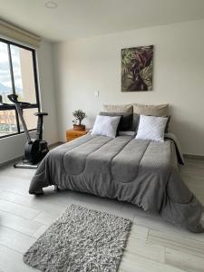 波哥大Hermoso apartamento con terraza, excelente ubicación cerca al centro de la ciudad的一间卧室设有一张大床和一个大窗户