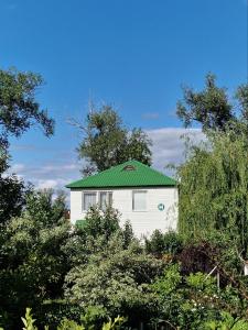 乌拉尔斯克PARK HOTEL Uralsk的白色的建筑,有绿树成荫的屋顶