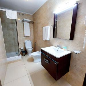 贝拉Hotel Embaixador的浴室配有卫生间、盥洗盆和淋浴。