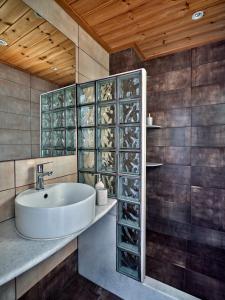 纳乌萨嘉里尼酒店的一间带水槽和玻璃葡萄酒架的浴室