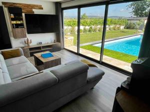 Bligny-lès-BeauneLoft vu sur Pommard的带沙发和电视的客厅以及游泳池。