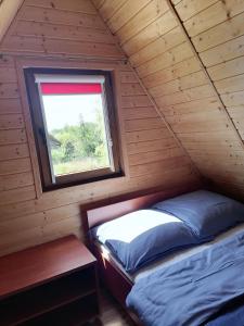 雅罗斯瓦维茨Domki Letniskowe - Leśne Zacisze的配有窗户的小木屋内的两张单人床