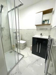 波斯考尔New Seaside Apartment 2 Porthcawl的一间带玻璃淋浴和卫生间的浴室