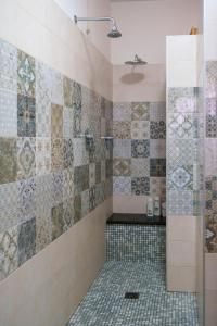 锡尔维玛丽娜B&B MELISSA的一间带淋浴的浴室和瓷砖墙