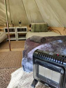 斯韦伦丹Gaia Double or Twin Bell Tent的一间设有两张床的客房和一个帐篷加热器