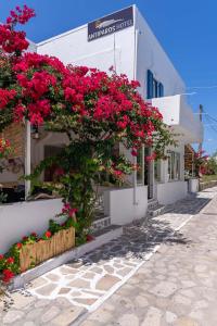 安迪帕罗斯岛安提帕罗斯旅馆的一座建筑的侧面是粉红色的花朵