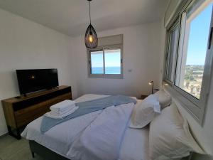 阿卡Ducks on the beach的一间卧室设有一张床、一台电视和一个窗口。
