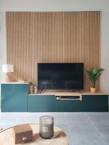 阿姆博斯Da Vinci - Charmant et Relax的客厅配有电视和蓝色橱柜。