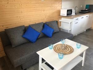 里沃Domki Wypoczynkowe "Sea Breeze"的客厅配有沙发和带蓝色枕头的桌子