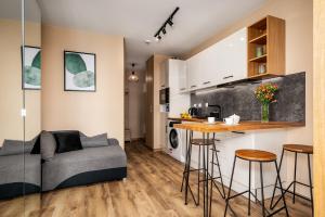 华沙AYCON APARTMENTS - MODERN SPACE的客厅以及带沙发和桌子的厨房。