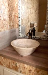 Coulounieix-ChamiersCharmant Petit gite au milieu de la Verdure的一间带碗水槽和镜子的浴室