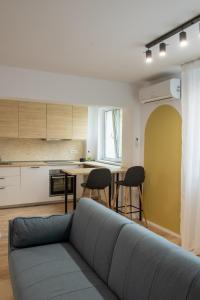 布加勒斯特Andor apartment near park and subway的带沙发的客厅和厨房