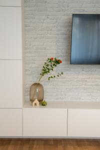 布加勒斯特Andor apartment near park and subway的花瓶,花在白色的橱柜上