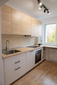 布加勒斯特Andor apartment near park and subway的厨房配有白色橱柜、水槽和窗户。