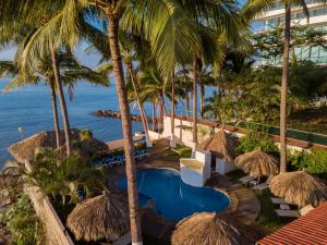 布塞里亚斯Casa María Resort的棕榈树和海洋的度假游泳池