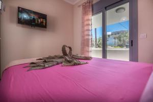 阿彻奇洛斯Extreme House的卧室配有粉红色的床,墙上配有电视