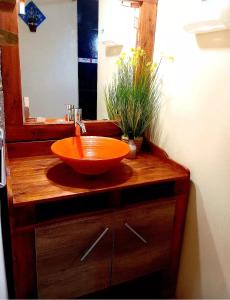 埃尔卡拉法特Cabaña Onty的浴室设有木制梳妆台上的碗水槽