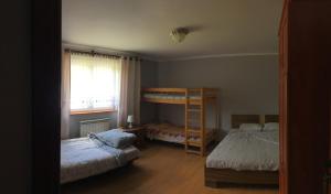 ŻabnicaAgroturystyka Pod Wierchami的一间卧室配有两张床和一张双层床。