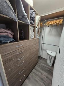 维尔纽斯Maya's Apartment的卧室配有木制橱柜和卫生间。