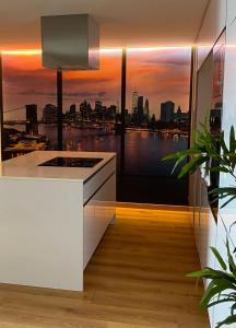 阿尔马达Comfortable bedrooms in apartment with river view的厨房享有城市天际线的景致。