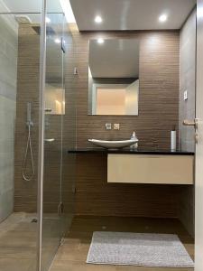 阿尔马达Comfortable bedrooms in apartment with river view的一间带水槽和玻璃淋浴的浴室