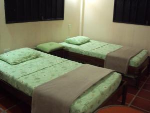 El YaqueEl Yaque Ranch的带绿毯的客房内的三张床